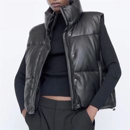 ZA women Black Warm Faux Leather Vest Coat Casual Zipper Sleeveless Jacket Female Short Cotton Outwear 211112 3214