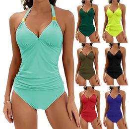 Women's Swimwear 2024 Womens Solid Colour Halting Neck Split Tie Waistband Two Piece Swimsuit V-neck Swimsuit with Shorts