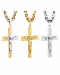 Crucifix Jesus Pendant Necklace Gold Colour Stainless Steel Christs Bible Men Jewellery Byzantine Chain Gift for Father6265977