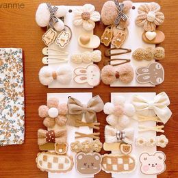 Hair Accessories 9 pieces of little girl hair clips autumn plush knitted flower bow hair clips childrens cute bear rabbit bucket hair clip accessories WX