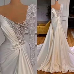 Dresses Overskirt Wedding Mermaid With Bridal Gown One Shoulder Long Sleeves Sweep Train Pearls Beaded Custom Made Beach Vestido De Novia 403