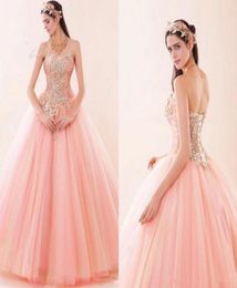Beautiful Pink Ball Gown Quinceanera Dresses Sweetheart Appliques Beads Ruched Tulle Debutante Masquerade Sweet 16 Prom Dress2284164