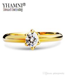 YHAMNI Real Pure 925 Sterling Silver Wedding Rings Gold Colour Cubic Zirconia Solitaire Band Engagement Rings For Women XJR040180535973498