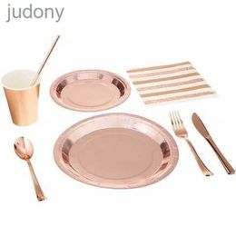 Disposable Plastic Tableware Gold plated disposable tableware rose gold tablecloth paper cups knives forks spoons paper trays party supplies decoration set WX