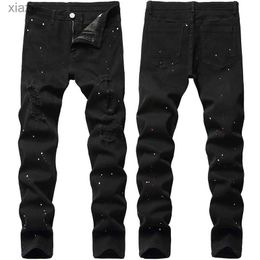 Mäns jeans denim jeans med elastiska hål lämpliga för svarta design spetsar mens nya fyra säsonger plus sizewx