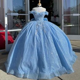 Sky Gown Ball Abito Quinceanera blu scintillante Elegante Prom Prompri 3D Floral Appliques Abiti di compleanno in pizzo ES