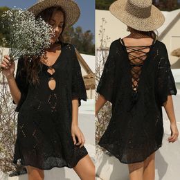 Womens Sexy Backless Lace Up Hollow Out See Through Woven Blouse Loose Beach Dress 200247