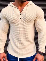 Spring Solid Color Slim Fit Long Sleeved T-shirt Mens Hooded Breathable Sports Top Waffle Cotton Casual Long Sleeved Shirt 240428