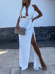 Casual Dresses Women Elegant Sexy Sleeveless Party Dress Summer Holiday Halter Solid Patchwork Maxi Hollow Fashion Split Ladies