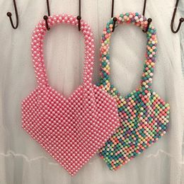 Evening Bags Pink Love Handwoven Pearl Beaded Fashion Retro Ins Simple Color Peach Heart Design Women's Shoulder Bag In Handbag