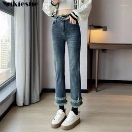 Women's Jeans Women's Ankle-length Spring Summer Casual Simple Wide Leg Denim Trousers Femal Pants Design Sense Retro Tassel Straight