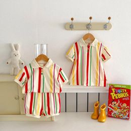 Clothing Sets Summer Brother Sister Clothes 2024 Korean Girls' Cotton Dress Kids Boys Lapel Shirt Shorts 2Pcs Striped Suit Children