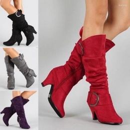 Boots FHANCHU 2024 Flock Knee High Women's Buckle Strap Autumn/Winter Shoes Long Botas Side Zip Round Toe Black Red Dropship