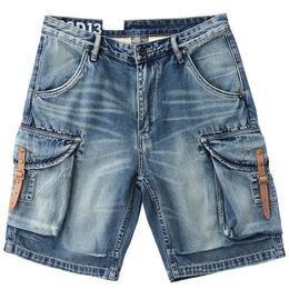 Multi-pocket five division pantsuits may Khaki Japanese retro loose straight wash denim shorts for men 240430