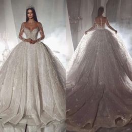 Sequins Gown Vintage Illusion Beads Dresses Ball Long Sleeves Wedding Dress Sweep Train Bridal Gowns s