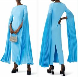 Elegant Short Blue Chiffon Evening Dresses with Slit Long Sleeve Sheath Jewel Neck Ankle Length Zipper Back Prom Dresses for Women