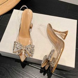 Dress Shoes 2024 New PVC Transparent Women Pumps Sexy Crystal Bowknot Pointed Toe Slingback High Heels Mules Sandal Ladies Wedding Prom Shoe H240430