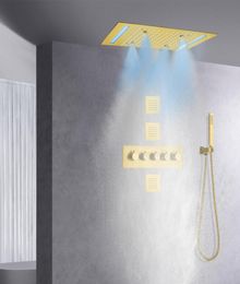 Brushed Rainfall LED Shower System Set 14 X 20 Inch Ceiling Mounted Rectangle Large Bathroom Luxury Atomizing Rain Brass Thermosta8676338