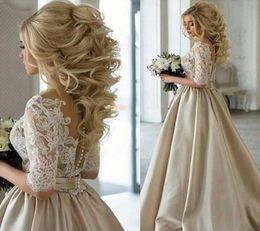 100 Real Image 2018 Newest Champagne Wedding Dresses Sheer Neck Half Sleeves Appliques Lace Satin Wedding Gowns Vintage Bridal D4497322