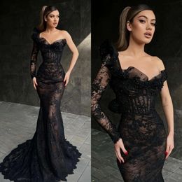 Lace Shoulder Elegant Mermaid Dresses Evening One Party Prom Sweep Train Long Dress For Special Ocn