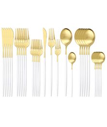 30Pcs White Gold Cutlery Knife Dessert Fork Spoon Dinner Tableware Stainless Steel Dinnerware Kitchen Silverware Set 2011286351818