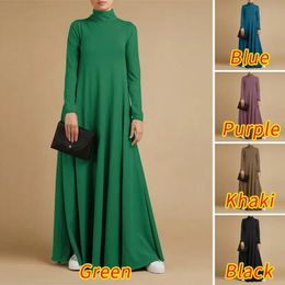 Muslim Dresses Abayas for Women Vintage Solid Maxi Dress Womens Turtleneck Sundress Casual Long Sleeve Vestidos S-5XL 240415