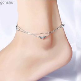 Anklets Womens Double Layer Polish Star Beads Charm 925 Sterling Silver Armband Leg Chains Summer Jewelry Armband Wholesale WX