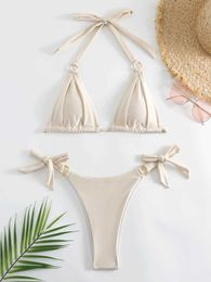 Women's Swimwear Micro Bikini Sexy Women Swimsuit 2024 Solid Beige Halter Ring Linked Push Up Mini Bikinis Summer Bathing Suit Thong Swimwear Y240429