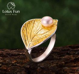 Lotus Fun Real 925 Sterling Silver Natural Pearl 18K Gold Leaf Ring Fine Jewelry Creative Designer Open Rings for Women Bijoux5401616