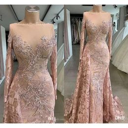 Sjöjungfrun prom klär dammig rosa vintage ärm spetsar applikationer pärlor långa kvällsklänningar formella ocn vestidos bc5129