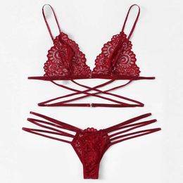 Set lingerie for women bikini transparent lace hollow seductive three point set and belt Q240429