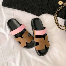 designer sandal platform slides Summer Flat Bottom Cool Dragons Leather Thick Sole Wearing Block Color Second Uncle Beach Shoes Women chlooe