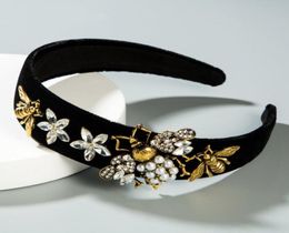 Baroque Rhinestone Bee Model Women Headband Pearl Flower Luxurious Black Bezel Hairband Halloween Hair Accessories8909858