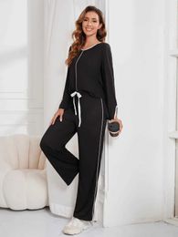 Women's Sleepwear Solid Women Pajama Sets Screw Neck Long Slves Split Top Full-Length Pants Female Slpwear 2 Pieces Spring Fall Nightwear Y240426