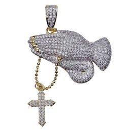 Hip Hop Brass Double Colours Iced Out Micro Pave CZ Praying Hands Pendant Necklace Charm For Men Women2602731