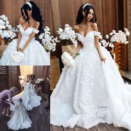 Romantic White Ivory Lace Wedding Dresses Elegant Off Shoulder Arabic A Line Appliques Ruched Long Train Bridal Gowns 0431