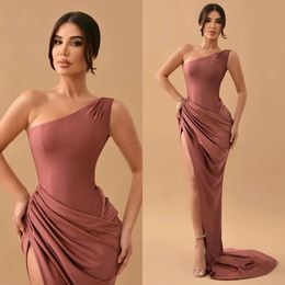 Dust One Dresses Elegant Shoulder Pink Evening Split Party Prom Sweep Train Long Dress For Red Carpet Special Ocn