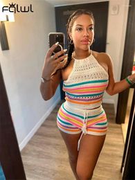 Women's Tracksuits Habbris Sexy Blue Stripe Knit 2 Two Piece Short Sets Beach Vacation For Women 2024 Sleeveless Halter Cropped Booty Shorts