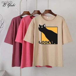 Women's T-Shirt Blessyuki Kawaii Cat Abstract Print T-shirt Womens Summer 100% Cotton Retro Short Sleeve Soft T-shirt Womens Gothic Graphic TopWX