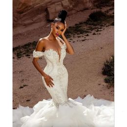 Bridal Designer Dresses Mermaid Wedding Gown Off The Shoulder Straps Crystals Beaded Satin Beach Ruffles Custom Made Vestidos De Novia Plus Size