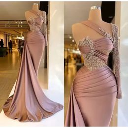 Mermaid Shoulder Gorgeous One Satin Dresses Long Sleeve Appliques Beaded Ruched Women Evening Pageant Prom Gowns Custom Made Bc14119