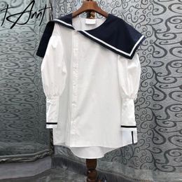 Women's Blouses Tannt Women Shirt Sailor Collar Irregular Color Matching White Casual Shirts Long Sleeves Loose Asymmetry Tops
