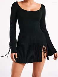 Casual Dresses CHRONSTYLE Elegant Women Spring Fall Short Mini Dress Long Sleeve O-Neck Solid Knitted Side Split Ribbed Vestidos 2024