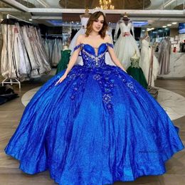Niebieska brokat krystalicznie cekinowa suknia balowa quinceanera sukienki z aplikacji na ramię koronkowe koraliki gorset vestidos de 15 anos 2024 0431