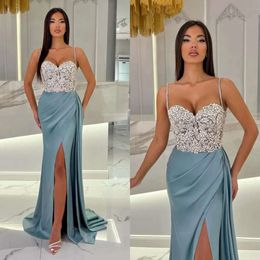 Mermaid Haze Beads Blue Prom Top Dress Straps Formal Evening Elegant Dresses For Special Ocns Sweep Train Pleats Robe De Soiree es