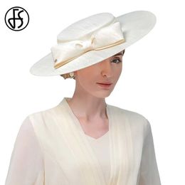 Wide Brim Hats Bucket Hats FS Elegant Wide Brim Ivory Hats For Women Big Bow Formal Occasion Kentucky Cap Lady Wedding Cocktail Party Flat Top Fedoras 2024 Y240426