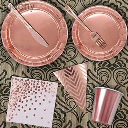 Disposable Plastic Tableware Disposable tableware gold-plated rose gold tablecloth paper cups knives forks spoons paper trays party supplies decoration set WX