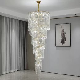 Modern Large Crystal Stair Chandelier for Luxury High House Villa Home Decoration Ceiling Hanging Light Fixture Gold/Chrome