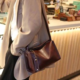 Drawstring Women's Retro Leather Handbag Fashion Wide Shoulder Strap Underarm Bag French Niche Single Crossbody