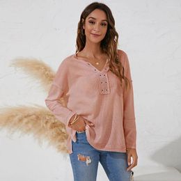 Women's T Shirts Autumn And Winter T-shirt Simple Solid Color V-neck Stitching Casual Top Loose Wm